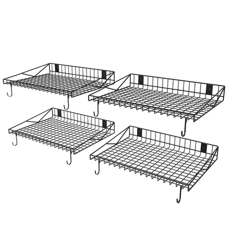 4 Pack Garage Wall Shelf, Garage Wall Mounted Shelving, Heavy Duty Floating Shelves With 8 Hooks, Loads 180 LBS Black Wall Shelves Mesh Storage Rack for Office, Basement, Wall Cabinet and Kitchen Riciakik