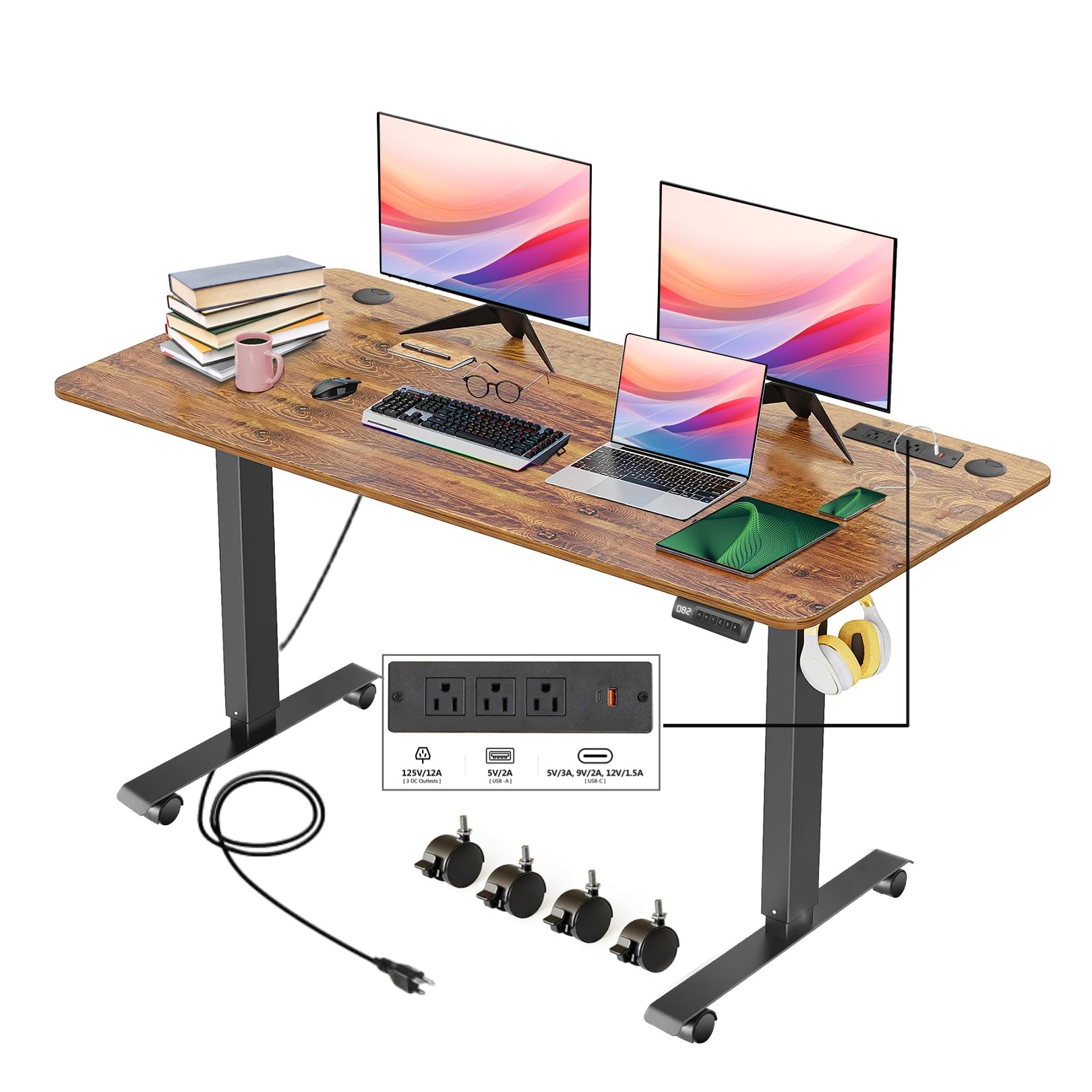 Legooin Electric Standing Desk with Wheels, 63'' x 24'' Standing Desk Adjustable Height with Charging Station, 2 USB Ports, 3 Power Outlets, 4 Caster, 27''-45'' Lifting Range Stand up Desk(Br - WoodArtSupply