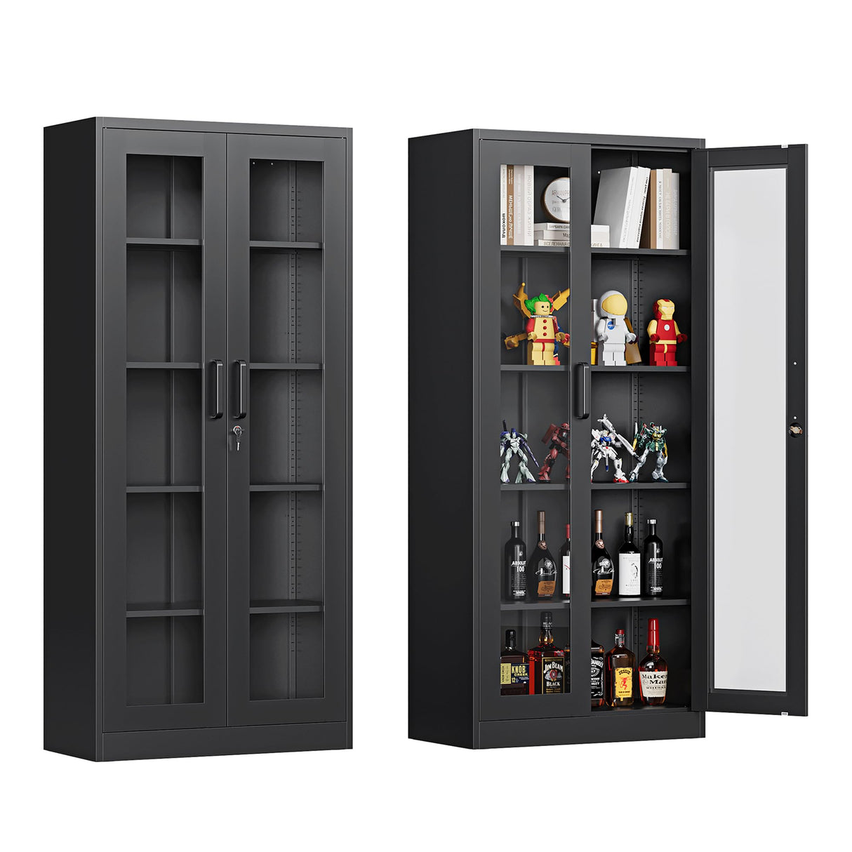 Anxxsu Display Cabinet with Glass Doors, Display Case Cabinet for Collectibles, Curio Display Cabinet with 4 Adjustable Shelves, 71" Glass Display Cabinet for Home Living Room (Black) Anxxsu