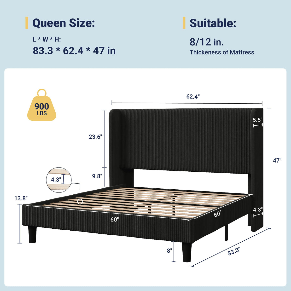 Allewie Queen Size Bed Frame with Upholstered Wingback Headboard, Vertical Channel Tufted Corduroy Velvet Platform Bed, Strong Wooden Slats Support, No Box Spring Needed, Easy Assembly, Sturdy, Black Allewie