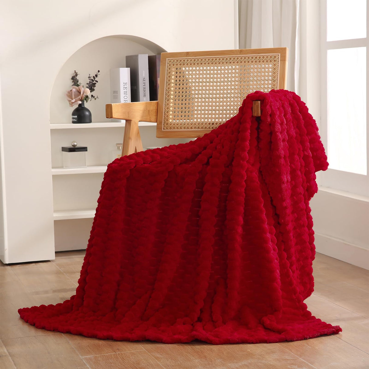 Red Throw Blanket 50"×60" inches Gifts for Mom Fuzzy 3D Jacquard Decorative Flannel Fleece Super Soft Plush Cozy Blanket for Couch Sofa Chair Lightweight Puncuntex