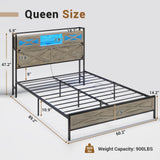 Hasuit Rustic Oak Queen Bed Frame with LED Lights, Charging Station & Storage Headboard Hasuit