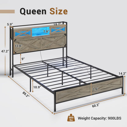 Hasuit Rustic Oak Queen Bed Frame with LED Lights, Charging Station & Storage Headboard - WoodArtSupply