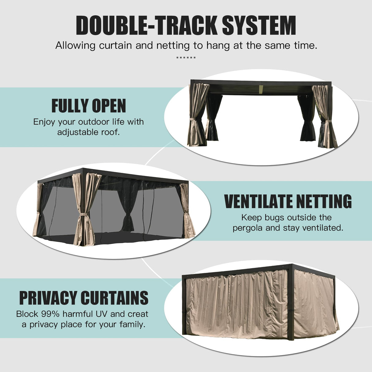 Domi Outdoor Louvered Pergola 12x16FT All Aluminum Structure,Patio Rainproof Pergola with Two Independently Adjustable Roof for Backyard Garden w/Curtains and Netting - Dark Brown domi outdoor living