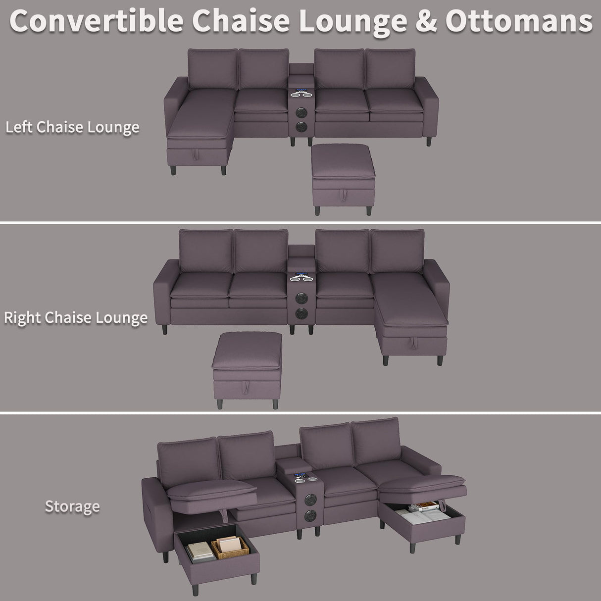 HYZQ Sectional Couches for Living Room, 4 Seat Sectional Sofa with Smart Module-Bluetooth Speaker/RGB Light/Charging Station, Teddy Fleece U Shaped Cloud Couch with Storage Ottoman (Dark Grey) HYZQ