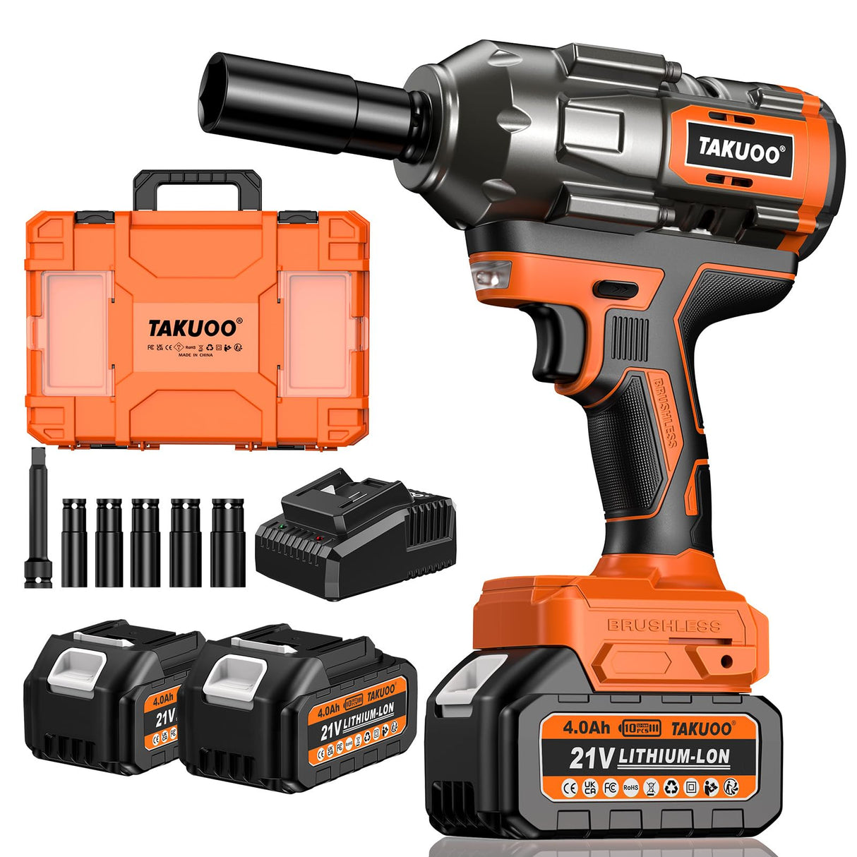 Takuoo 1300N.m(960Ft-lbs) Cordless Impact Wrench High Torque, 1/2" 21V Brushless Impact Gun w/2x 4.0AH Battery Fast Charger, Electric Power Impact Wrench for Truck RV Heavy-duty, 5 Sockets, Tool Box Takuoo