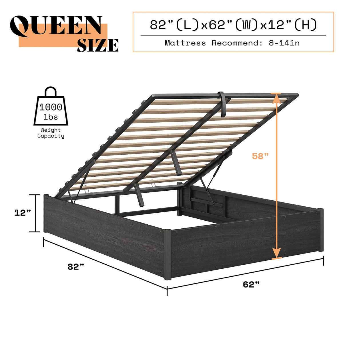 AMERLIFE Dark Oak Lift-Up Storage Bed Frame - Queen Size with Ample Under-Bed Storage AMERLIFE