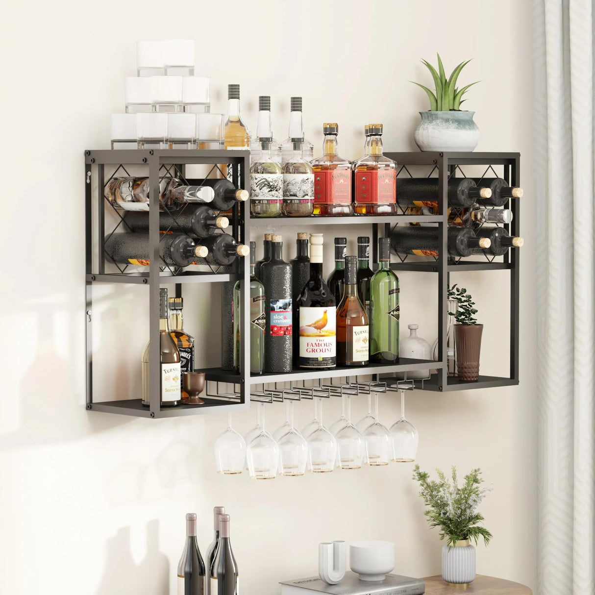 HEONITURE Wall Mounted Wine Rack with Glass Holder,Metal Floating Bar Liquor Shelves 2 Tier,Wine Glass Rack Multi Functional Wine Storage Display Rack for Home Bar Dining Room Kitchen HEONITURE