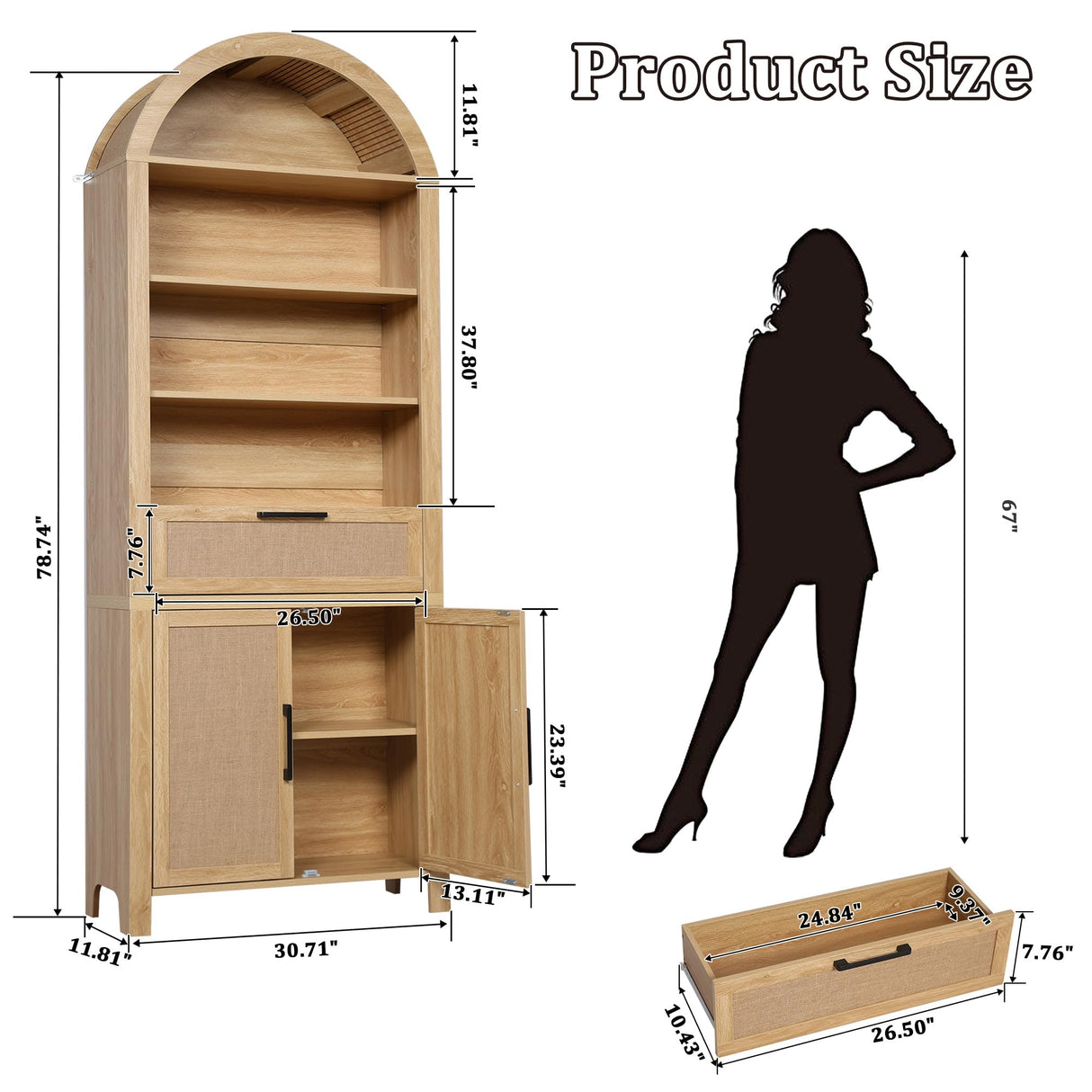 79" Tall Arched Bookcase with Storage, Mid Century Modern 6-Tier Cabinet with Door and Drawer, Arched Bookshelf with Open Display Shelf for Office Living Room (Natural, 79inch-Doors) Janmer Home