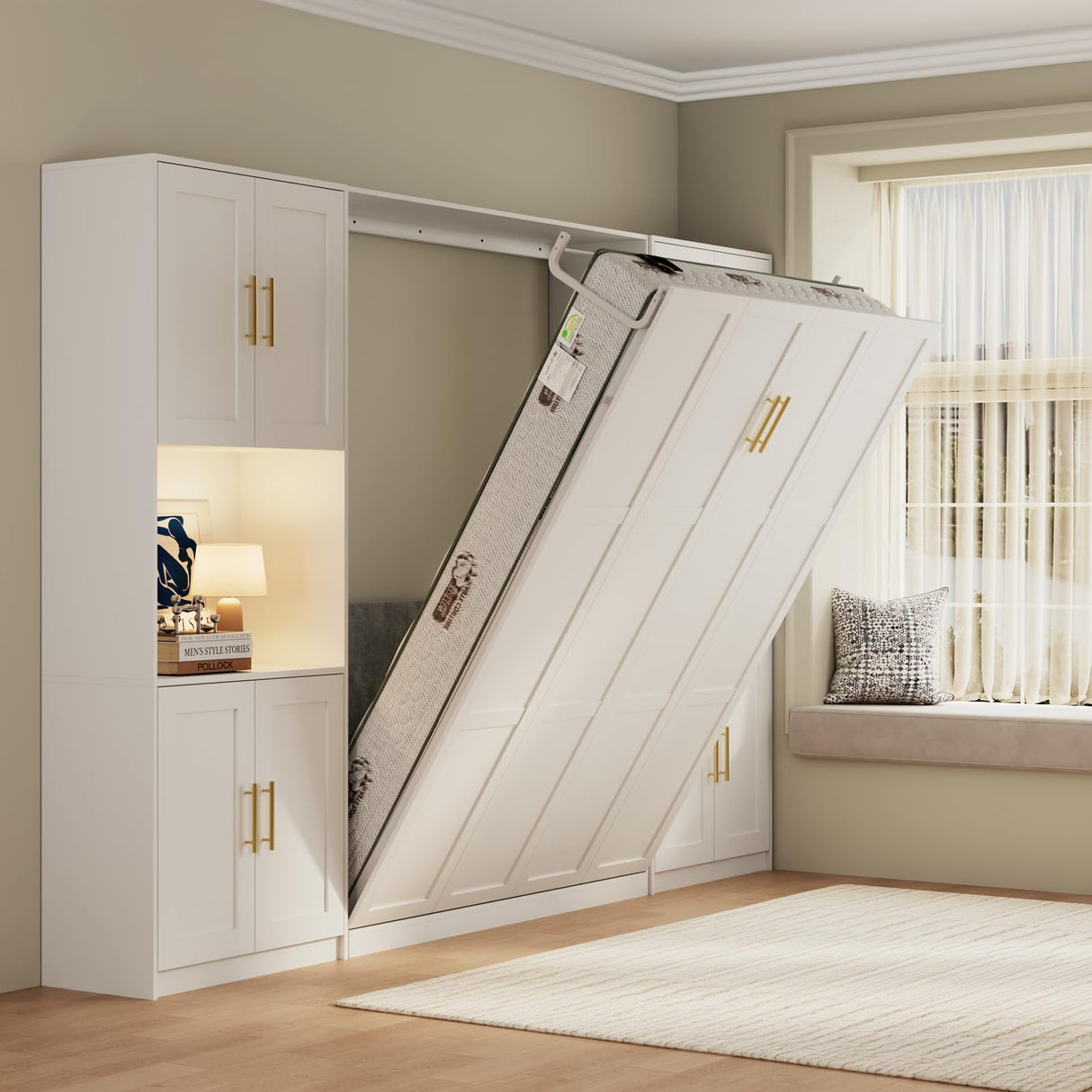 Farmhouse Murphy Bed Queen, 85" Wall Bed Folds to Save Space, Concealed Bed Frame with 2 Storage Cabinets and Wall Mounted Features for Apartment/Office/Guest Room Bobve