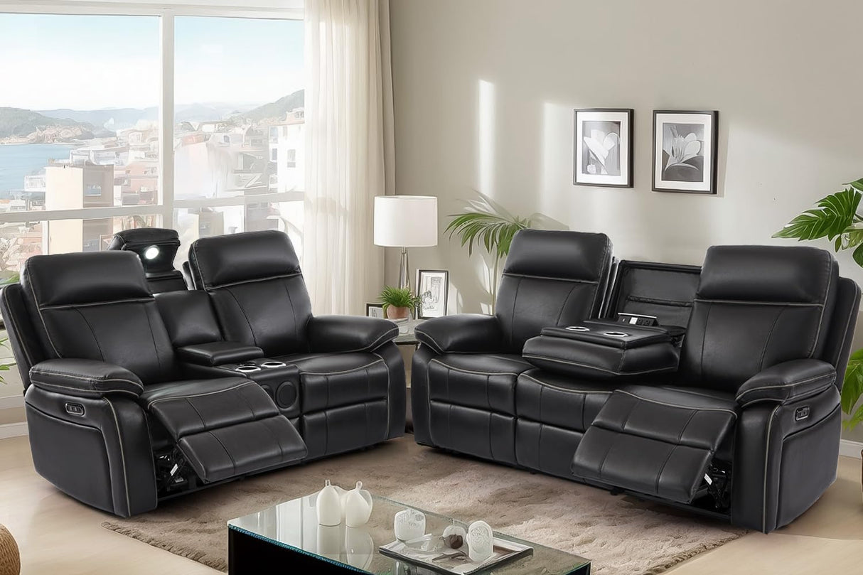 Neptane Power Reclining Sofa Set with LED Reading Light/Bluetooth Speakers/Storage Drawer, Power Loveseat Recliner Sofa, Reclining Living Room Set with Outlets/Breathing Leather (Black, Sofa+Loveseat) Neptane