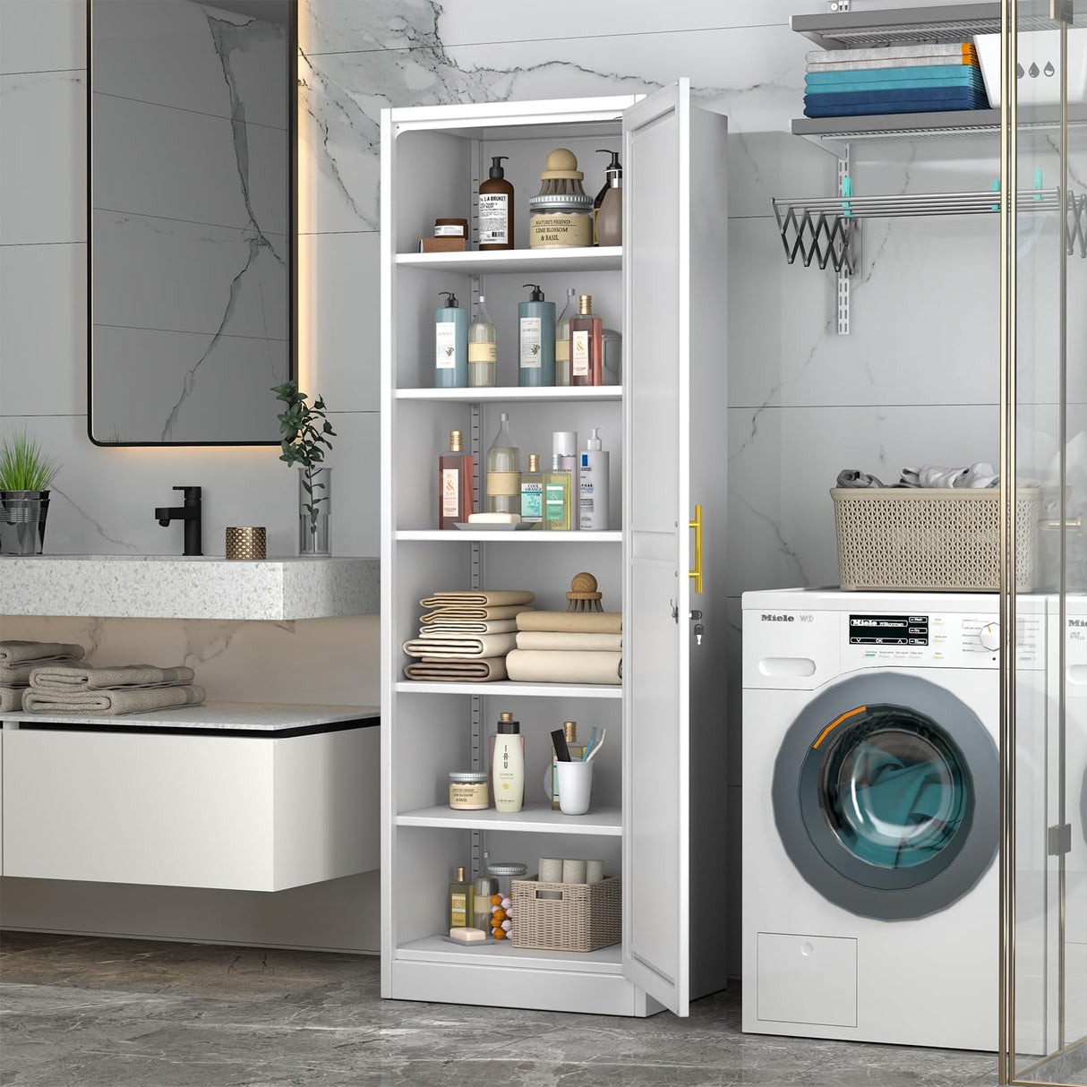 pozdeg 67" Metal Storage Cabinet with Lock, Tall Narrow Office File Cabinets with 5 Adjustable Shelves, Metal Steel Locker for Home, School, Office, Garage or Gym (White) pozdeg