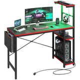 Bestier Gaming Desk with Power Outlets, 44 Inch Led Gamer Desk with 4 Tiers Reversible Shelves, PC Gaming Table with Headset Hook & Side Storage Bag for Bedroom (Black 3D Carbon Fiber) Bestier