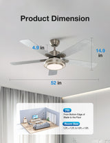 warmiplanet Ceiling Fan with Lights Remote Control, 52 Inch, Brushed Nickel (5-Blades) warmiplanet