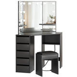 GAOMON Vanity Desk with Mirror and Lights, Corner Makeup Vanity Desk, Large Dressing Tables with Charging, 5 Drawers, Shelves and Vanity Stool, Black GAOMON