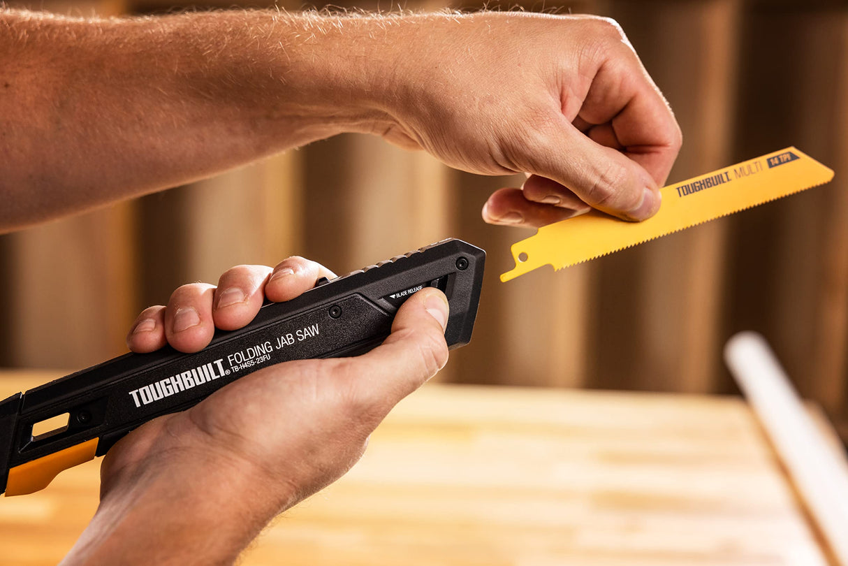 ToughBuilt - Folding Jab/Utility Saw, Drywall Blade w/triple-edge teeth (8 TPI) for faster cutting, + 4 Blades, Quick-fold and blade release mechanism - TB-H4S5-23FU ToughBuilt