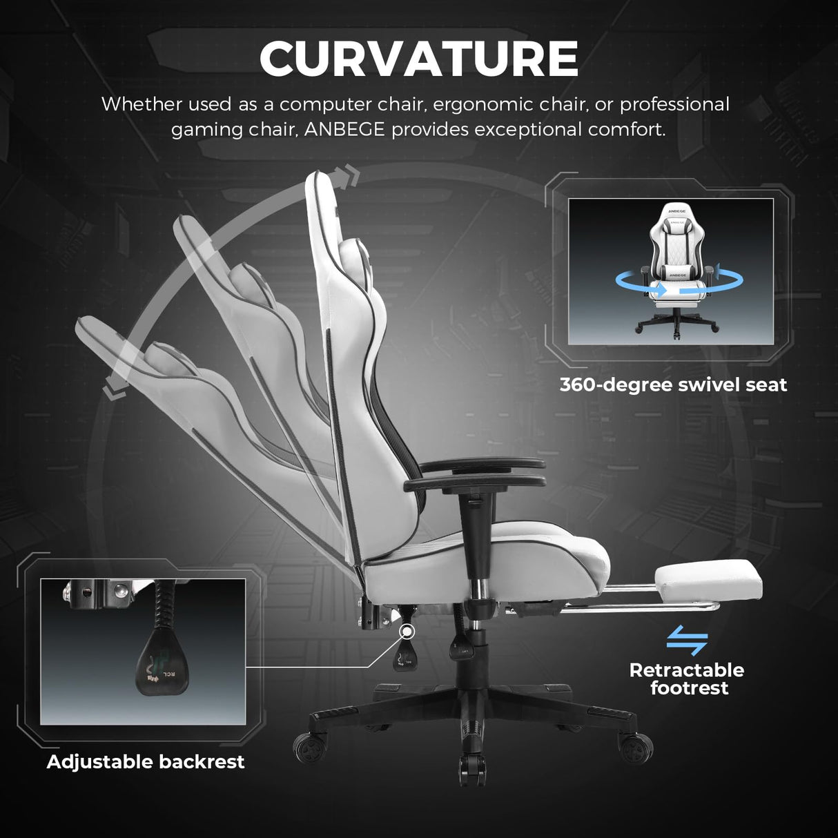 ANBEGE Gaming Chair, Ergonomic Computer Chair with Footrest and Lumbar Support,Office Chair Adjustable PU Leather Racing Executive Swivel Rolling Chair (White) ANBEGE