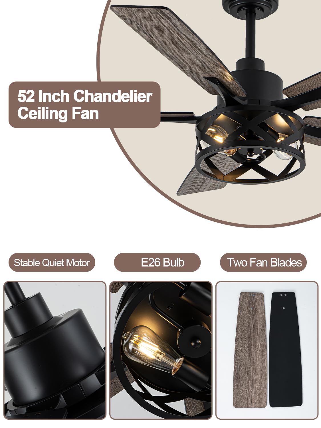 Curve Curio 52 Inch Farmhouse Ceiling Fan with Light and Remote Industrial Ceiling Fan Quiet and Reversible DC Motor Rustic Caged Chandelier Fan for Living Room Bedroom Patio Curve Curio