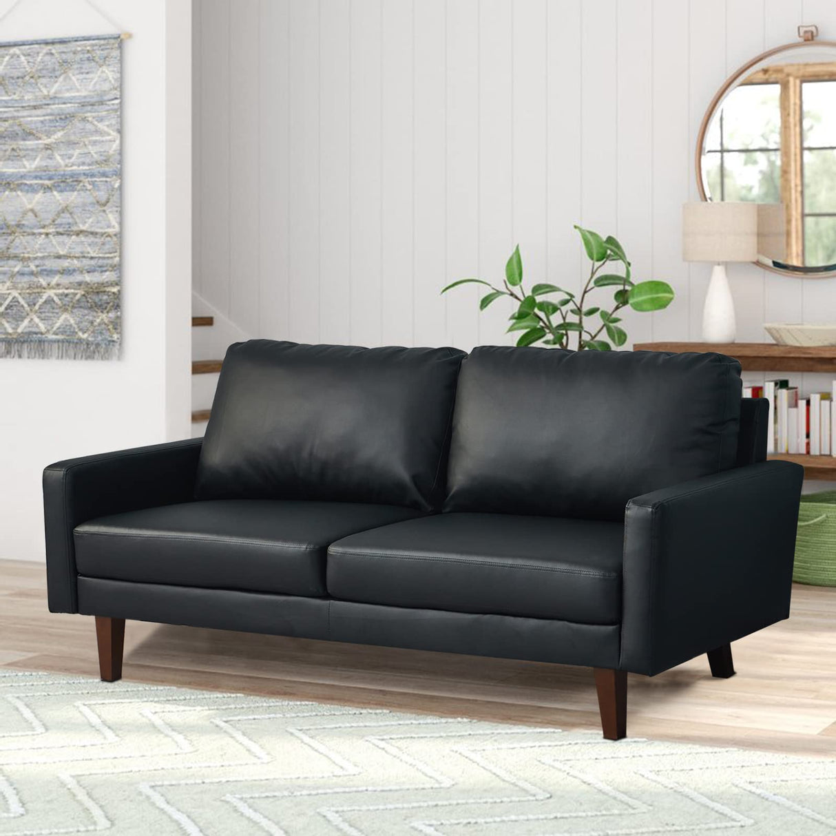 INSTORY Leather Sofa Modern Couch with Wooden Legs for Living Room, Office - Black INSTORY