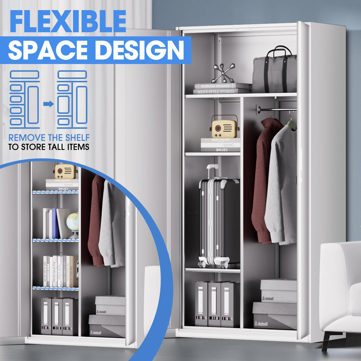 DNA MOTORING Metal Storage Cabinet, 72" Storage Wardrobe with Lock and Hanging Rod, Locking Cabinet Heavy Duty Utility Cabinet with 4 Shelves for Garage,Office,Home,Gym, White, TOOLS-00633-WH-WH DNA MOTORING