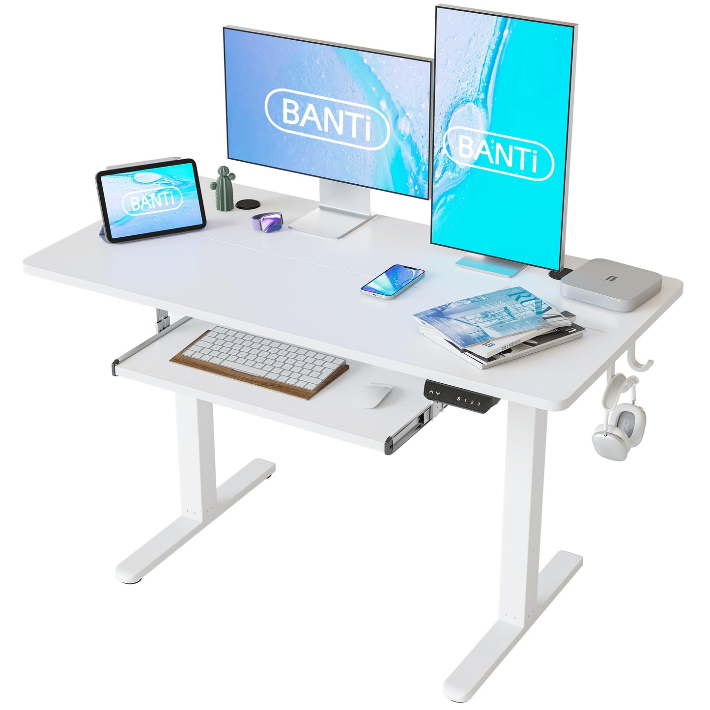 BANTI 48" x 24" Height Adjustable Electric Standing Desk with Keyboard Tray, Sit Stand up Desk with Splice Board, White Frame/White Top - WoodArtSupply