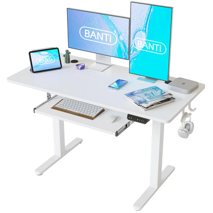 BANTI 48" x 24" Height Adjustable Electric Standing Desk with Keyboard Tray, Sit Stand up Desk with Splice Board, White Frame/White Top - WoodArtSupply