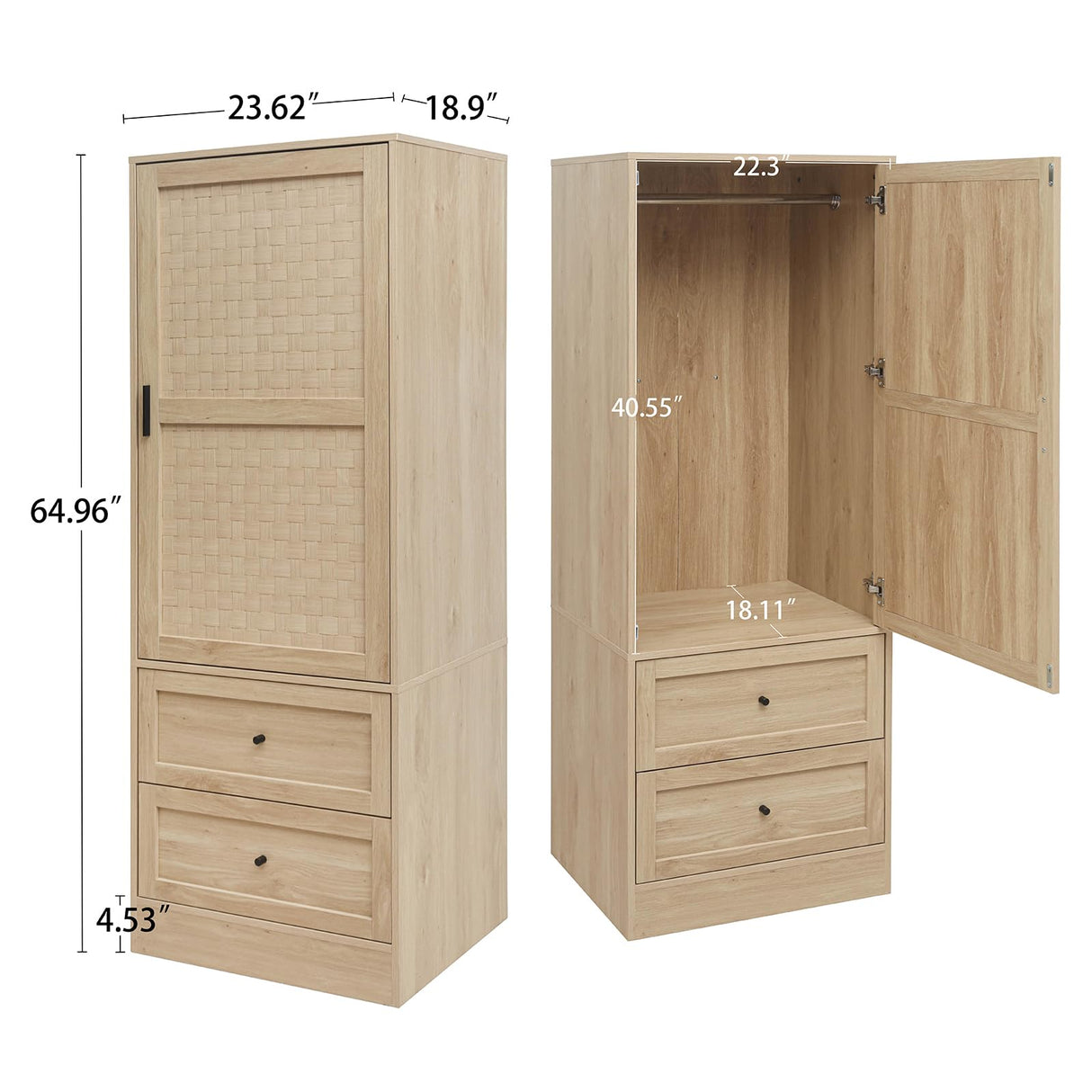 Rattan Armoire Wardrobe Closet with Drawers - 65" Tall Clothing Storage Cabinets with 2 Woven Doors 2 Drawers, Freestanding Wood Wardrobe Cabinet with Storage Cube & Hanging Rod for Bedroom (Natural) mixtavie
