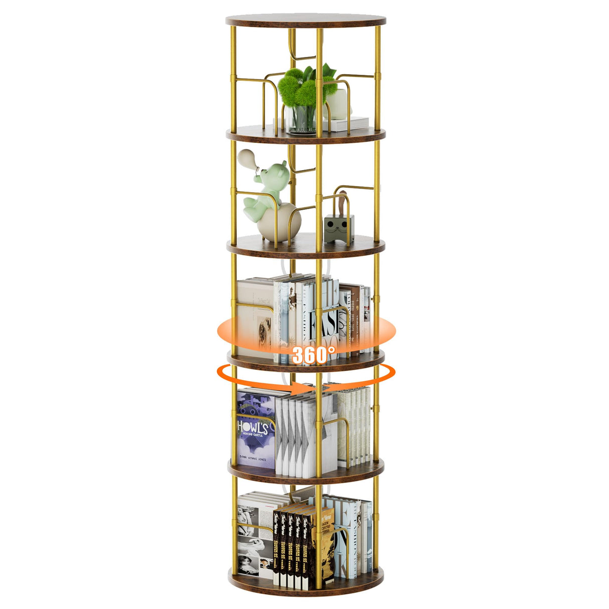 Flycity 5 Tier Rotating Bookshelf, 360° Corner Bookshelf Tower, Round Revolving Bookcase with Special Visible Partition Storage, Narrow Book Shelf Organizer for Living Room, Small Space, Gold Flycity