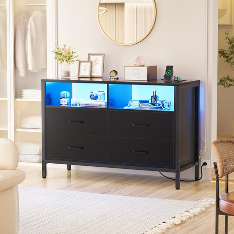 Girapow Dresser for Bedroom, Wooden Bedroom Dresser with LED Lights and Charging Station, 4 Drawers Dressers, Wide Chest of Drawers Storage Organizer TV Stand for up to 50" TV for Living Room, Black Girapow
