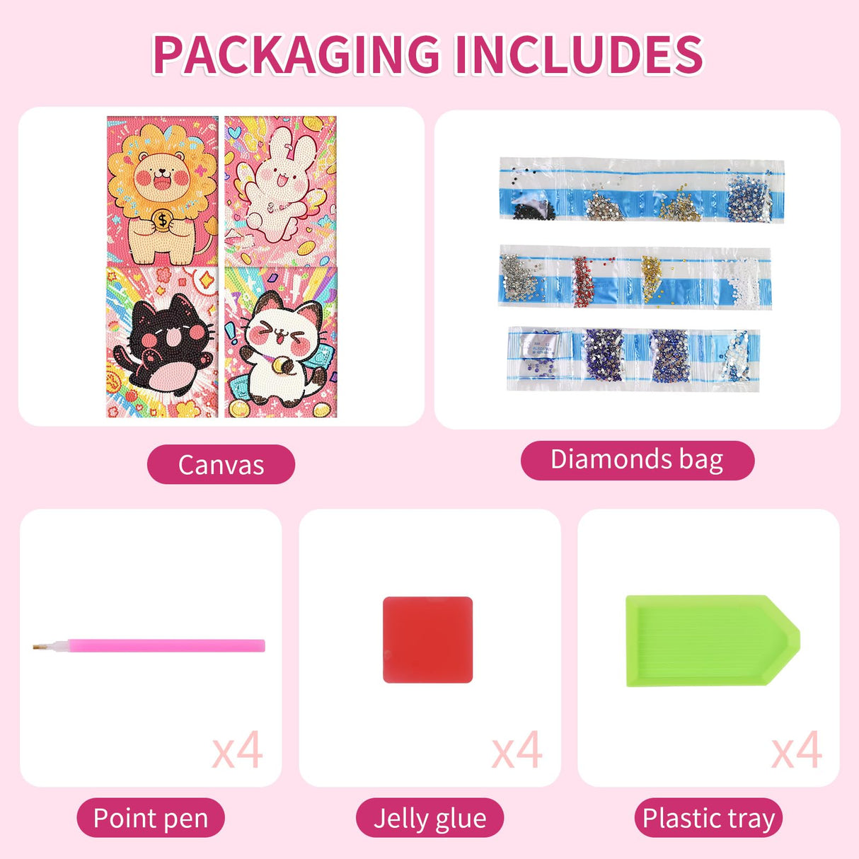 PERFECTSIGHT Cute 5D Diamond Art Kits, Kawaii DIY Painting Art for Adults Teen, 4 Pack Diamond Arts and Crafts Sets, Big Gem Full Drill Diamond Dots for Women (Multicolor Animal) PERFECTSIGHT