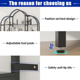 Nosepen Triple Wide 5 Tier Tall Arched Bookshelf and Bookcase with 3 Cabinets, Industrial Metal Etagere Open Bookshelf, Wood Standing Book Shelf with Black Metal Frame for Bedroom Living Room Nosepen