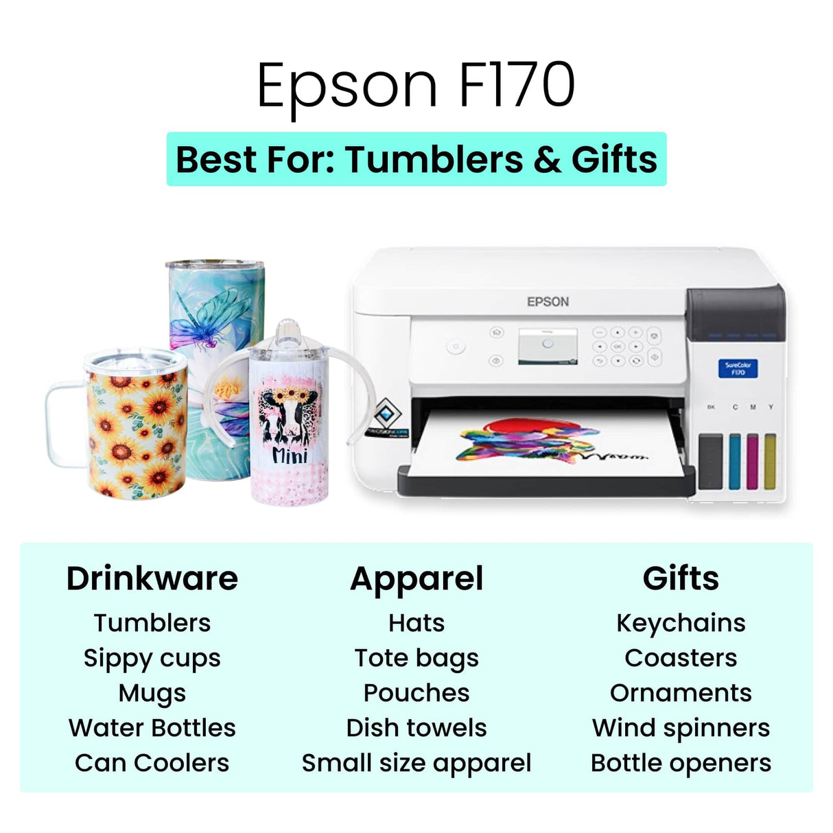 Epson Surecolor F170 Sublimation Starter Kit – Printer with CMYK Ink Set, Design Pack, 10 Sublimation Tumbler Pack, Sublimation Paper, Tape – Perfect for Beginners & Small Business makerflo