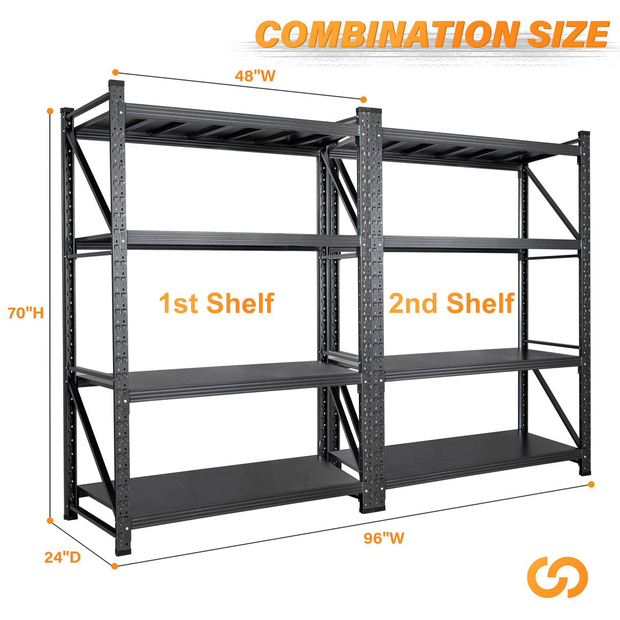Set of 2 Storage Shelves, 4 Tier Heavy Duty Garage Shelving Units, 48” Wide Rack Shelf, 3000LBS Steel Industrial Shelving, 24” Deep Adjustable Standing Shelf for Warehouse 24" D x 48" W x 70" H Black AFAIF
