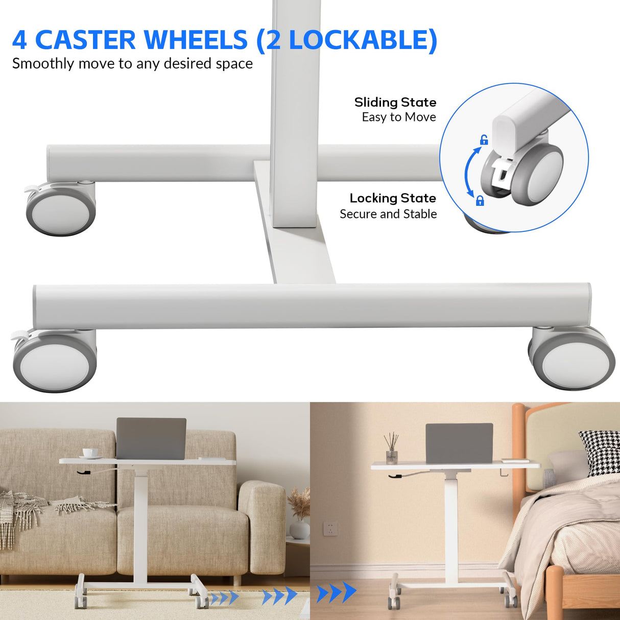 GallopFun Mobile Laptop Standing Desk Adjustable Height, Small Mobile Desk Workstation with Wheels, Portable Rolling Computer Desk Cart for Home Office Classroom (White) GallopFun