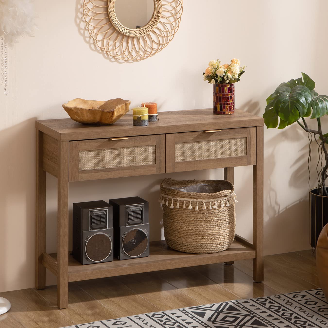 SICOTAS Boho Rattan Console Table with Storage Drawers - Elegant Entryway Table for Hallway or Living Room