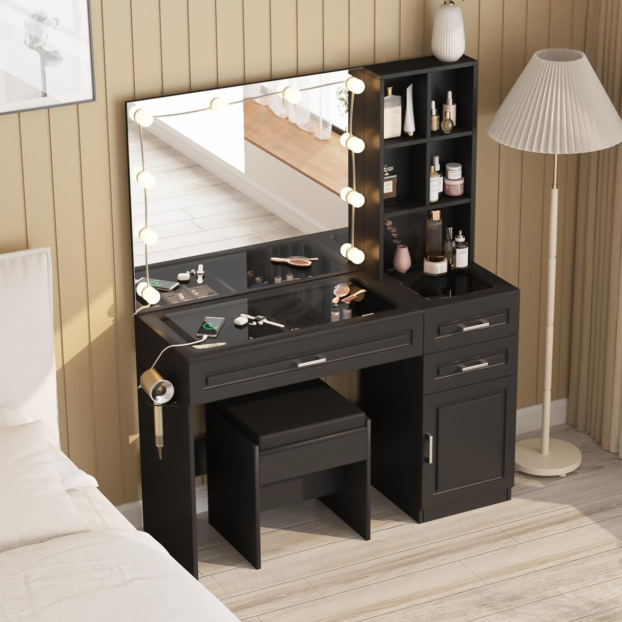 Fameill Vanity Desk with Lighted Mirror & Power Strip,Large Vanity Table with Glass top and Lots Storage,3 Drawer Makeup Desk with Hair Dryer Stand,3 Lighting Modes,Black Fameill