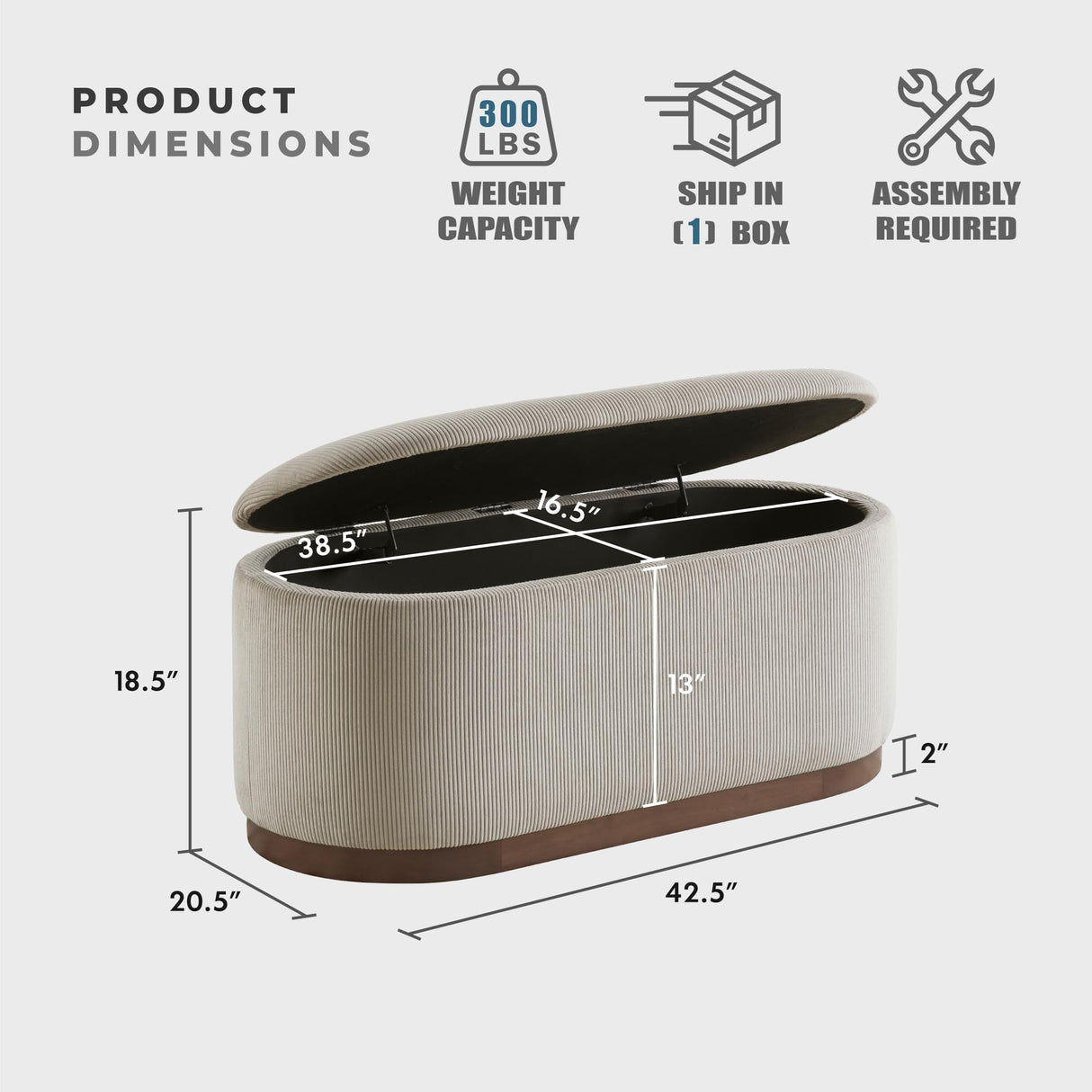 Lexicon Lift Top Storage Bench, Corduroy Fabric Upholstered Oval Entryway Bench, Modern Striped Storage Chest for Entryway/Living Room/Bedroom, Taupe Lexicon