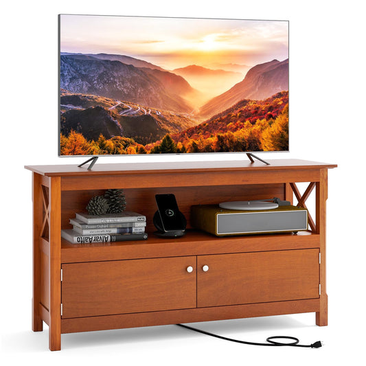 Giantex TV Stand with Power Outlet for TVs up to 50 Inch, Entertainment Center with 2-Door Cabinet, Storage Shelf, 2 Cable Holes, Modern Media Console Table for Living Room, Bedroom, TV Cabinet, Brown