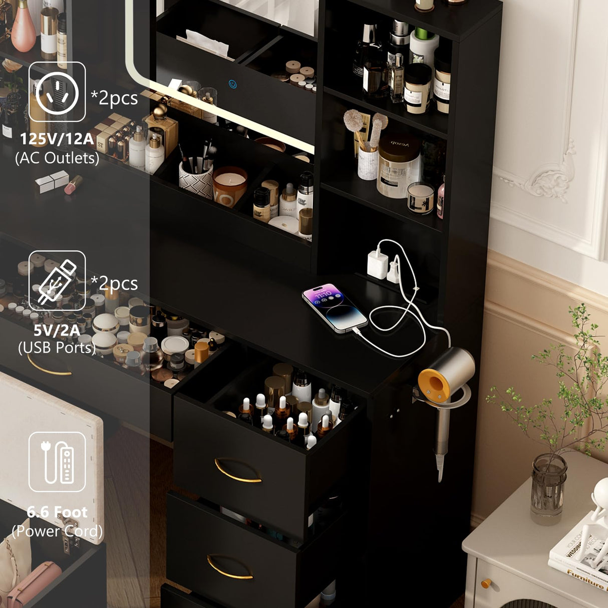 jiteentarou 47" Large Vanity Desk with Mirror and Lights, LED Black Vanity Set with Stool and Power Outlet, Lighted Make up Vanity Desk with Drawers and 3 Lighting Modes for Women, Girls(Black) jiteentarou