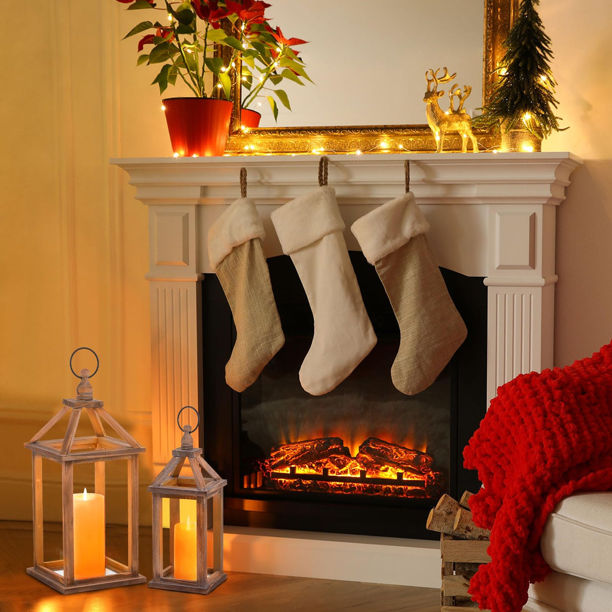 Staymoment Wooden Decorative Candle Lanterns Set of 2, Indoor Rustic Hanging Candle Holder for Centerpiece Mantle Shelf Porch, 12" & 16" Farmhouse Home Decor Wedding Table Decoration, Brown Staymoment