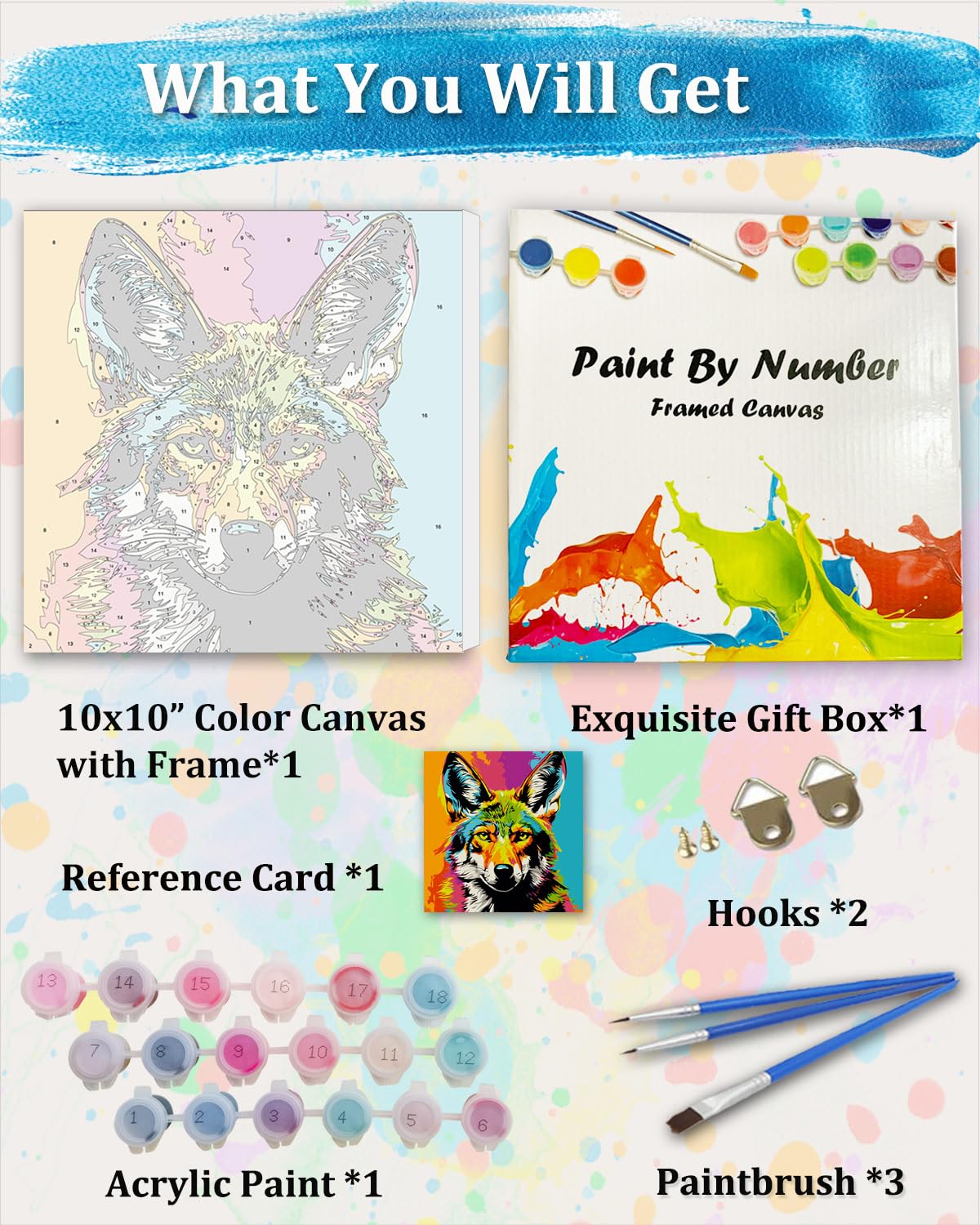 TOCARE Framed Paint by Numbers Kit for Adults, Wolf Paint by NumbersWith Frame,Wolf Paint by Number on Framed Canvas for Adult Beginner (10x10 Inch, Without Easel) TOCARE