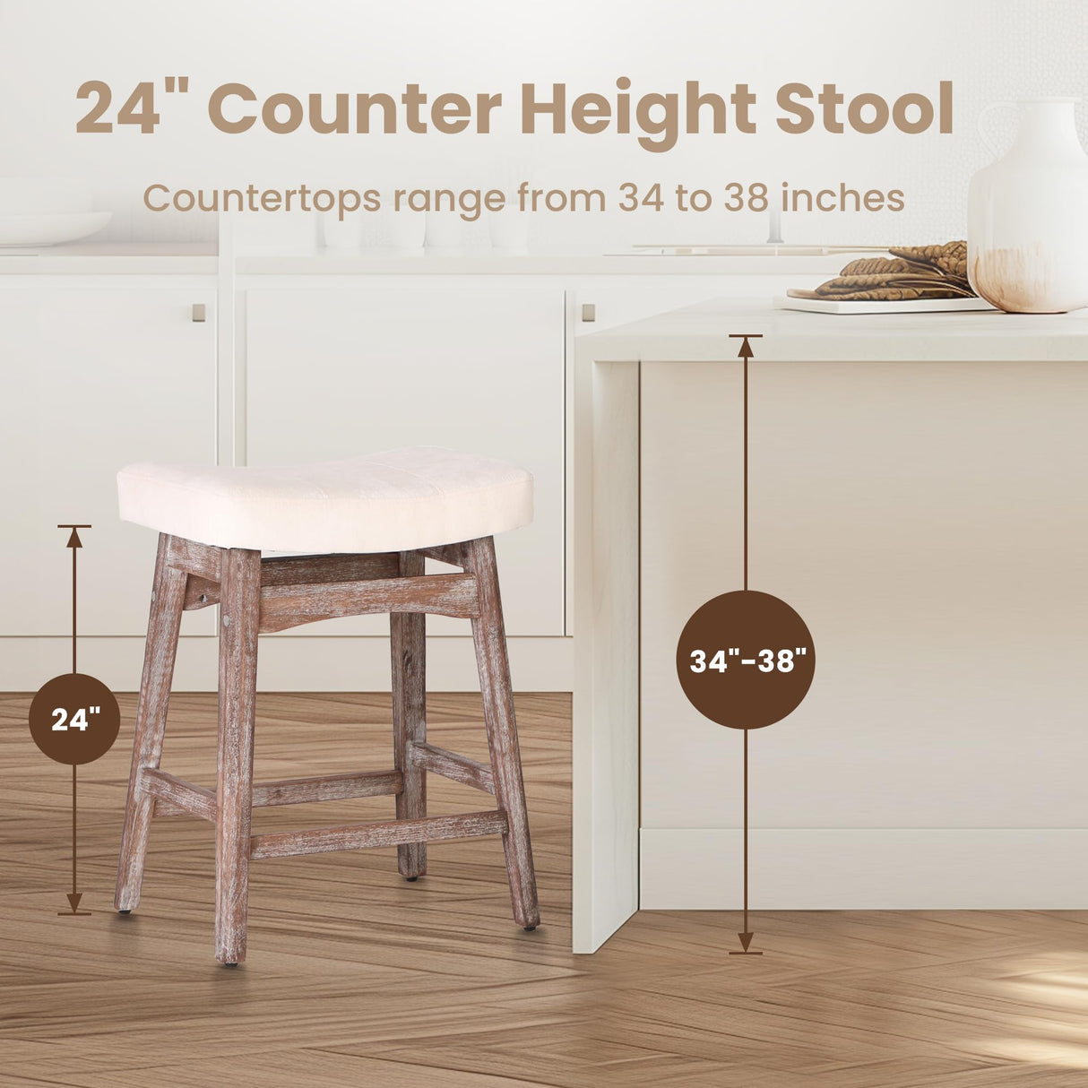 PHI VILLA Farmhouse Bar Stools Set of 2 - Wood Bartools with Upholstered Saddle Seat, 24 inch stools for Kitchen Counter Set of 2 PHI VILLA