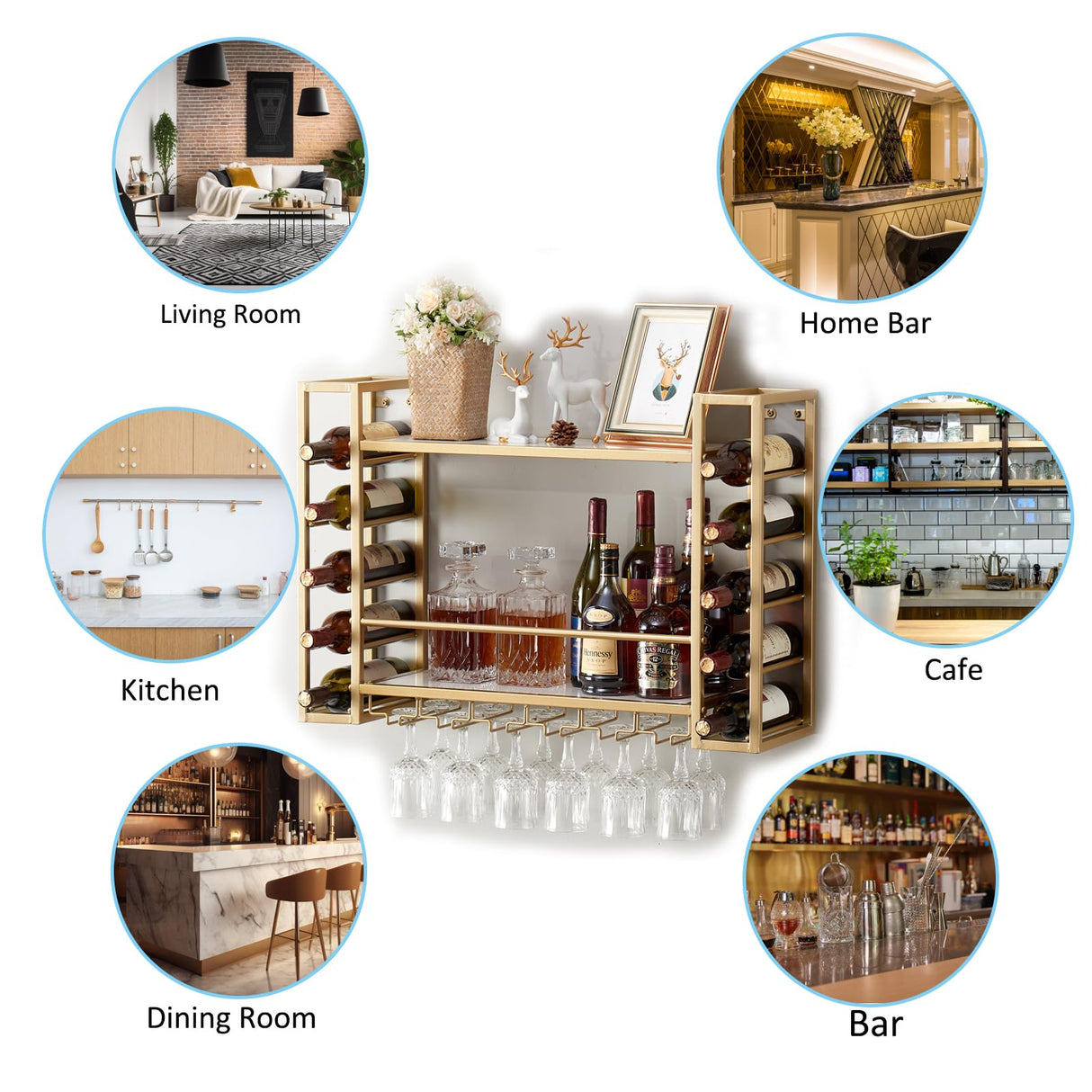 GOLASON Wall Mounted Wine Rack with Glass Holder, Metal Bottle Holder Wine Storage Display Shelf for Home Bar Dining Room Kitchen (31.5 Inch, Gold) GOLASON