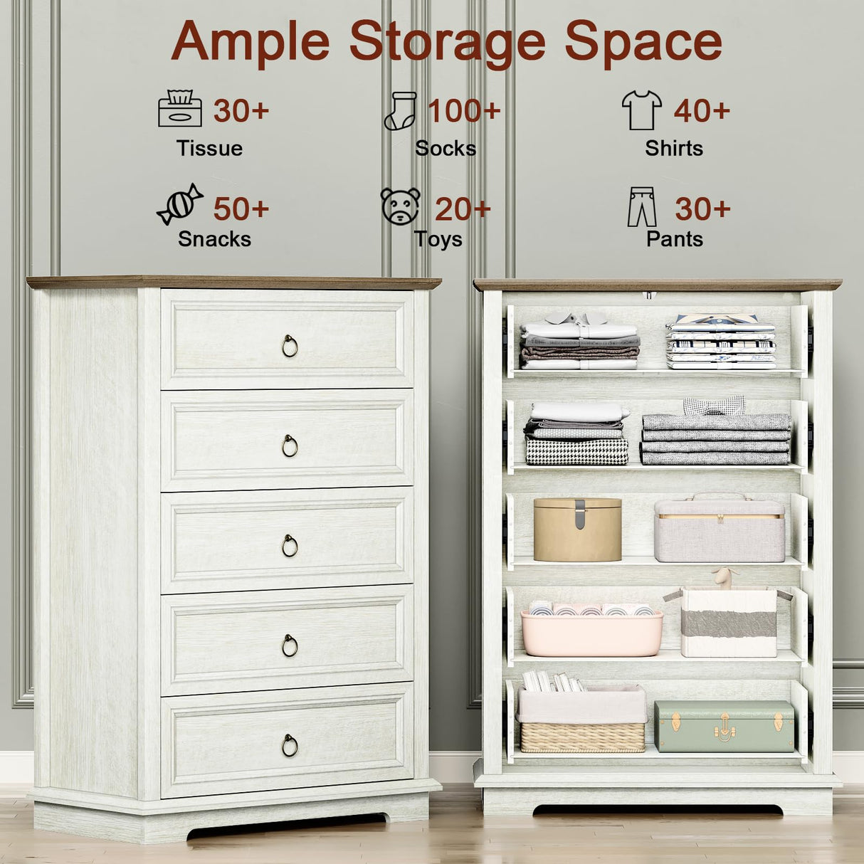 REDAYFUR Chest of Drawers, Double Anti-tip, 5 Drawers Dresser, Dresser Organizer for Bedroom, Living Room, Hallway, White REDAYFUR