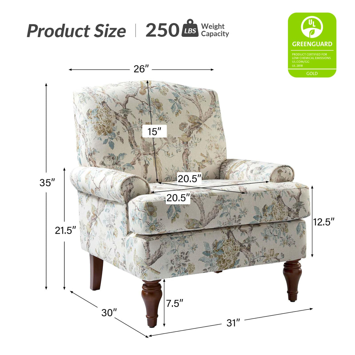 HULALA HOME Accent Chair with Solid Legs & Removable Cushion, Farmhouse Floral Comfy Upholstered Armchair, Leisure Single Sofa Chair for Living Room Bedroom HULALA HOME