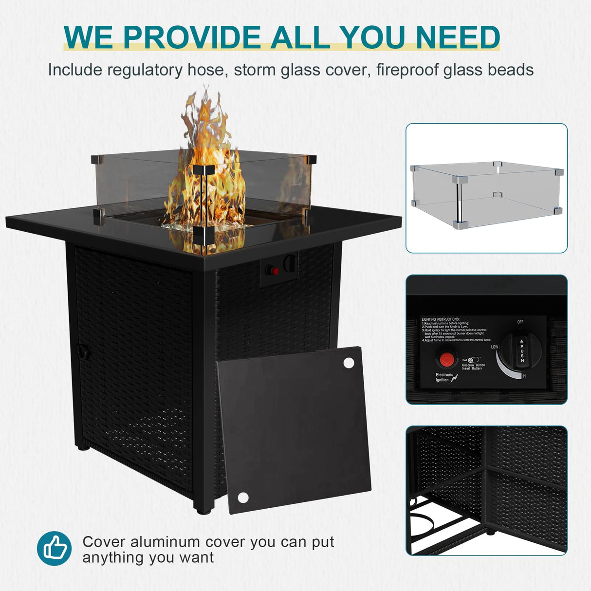 Ophelian 8 Piece Wicker Patio Furniture Set with Fire Pit Table, Rattan Outdoor Sectional Sofa, Patio Couch Set for Backyard, Garden, Deck (Coffee/Peacock Blue) Ophelian