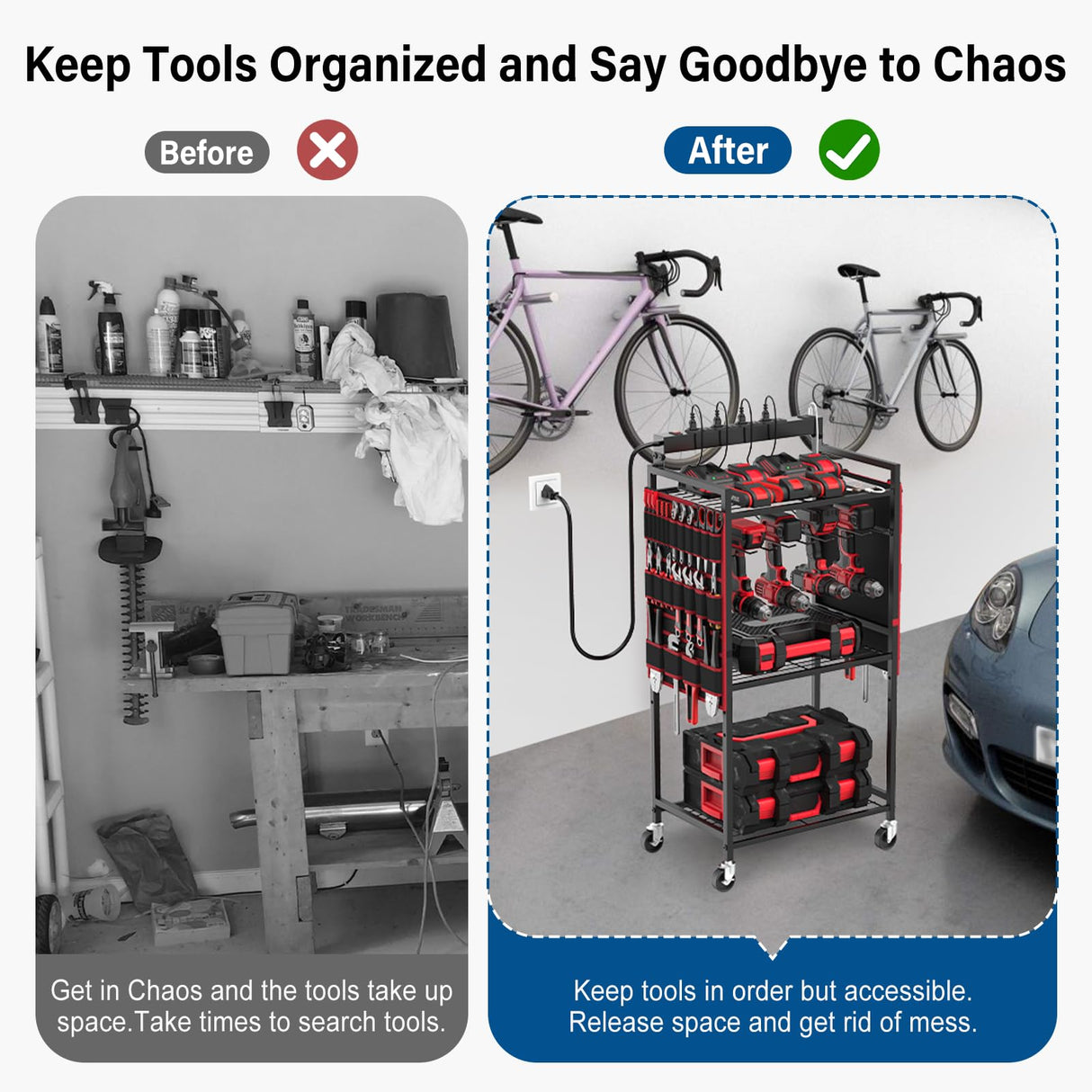 JUNNUJ Garage Large Power Tool Organizer Cart with 8 Outlet 3 USB Charging Station, Floor Rolling Drill and Tools Battery Storage Cart on Wheels, Heavy Duty Utility Rack Shelf with Power Strip JUNNUJ