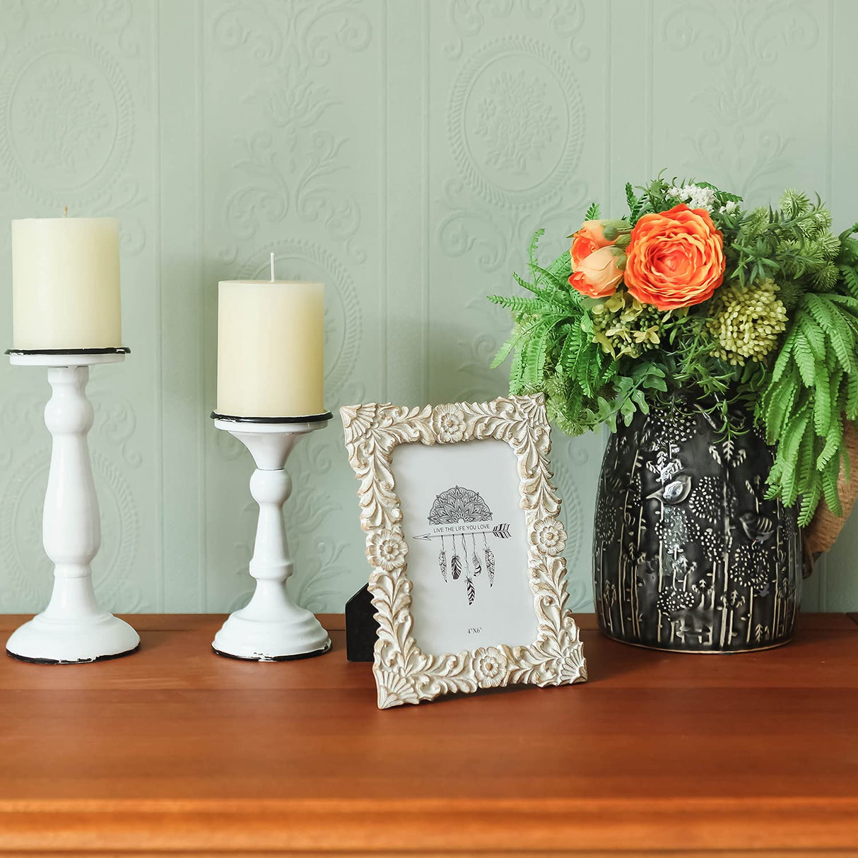 NIKKY HOME Farmhouse Boho Style Floral Picture Frame 4x6 Rustic Resin Photo Frame with Distressed White Finish, High Definition Glass for Table Top Display NIKKY HOME