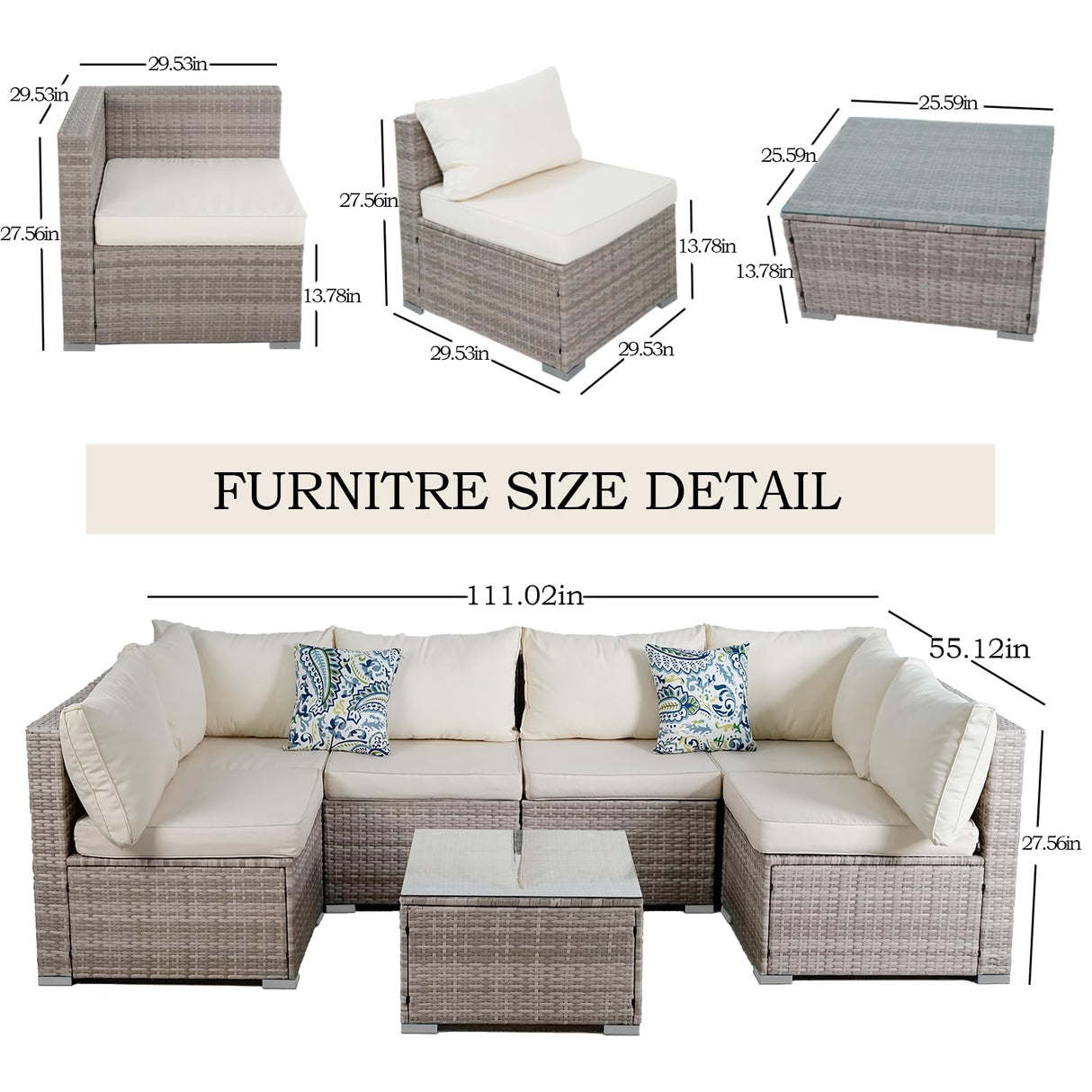 7 Piece Outdoor Patio Sectional Sofa Set, All-Weather Wicker Patio Furniture Set, with able Cushions & Tempered Glass Table for Backyard, Poolside, Garden Patio Conversation Sets Generic