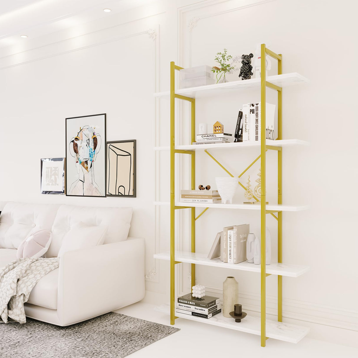 Azheruol Modern 5-Tier White Faux Marble Bookshelf with Metal Frame for Stylish Home Organization Azheruol